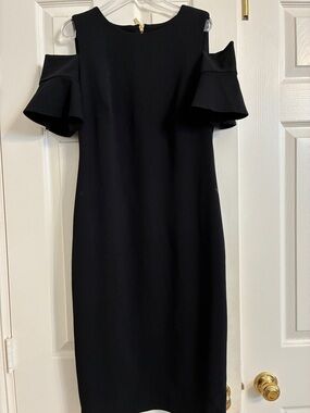 Calvin Klein Black Cold-Shoulder Ruffle Midi Dress